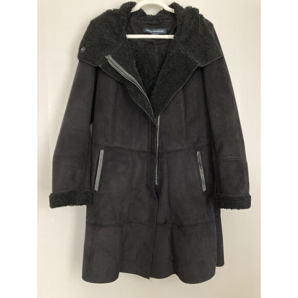French Connection Faux Shearling Hooded Coat Jacket SMALL Black - Picture 13 of 13